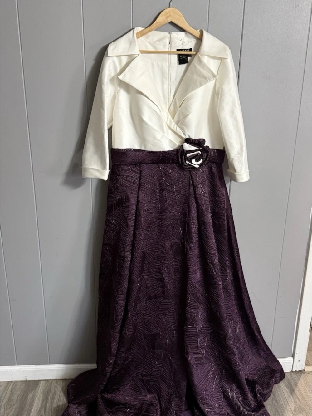 Terani Couture Ivory Wrap Bodice with Deep Plum Textured Maxi Skirt